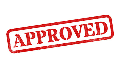 Approved red rubber stamp isolated on transparent background with distressed texture effect
