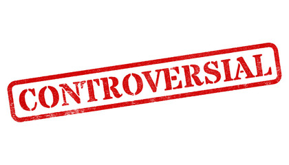 Controversial red rubber stamp isolated on transparent background with distressed texture effect