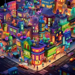 3D cartoon illustration of a lively cityscape filled with quirky buildings and cheerful inhabitants