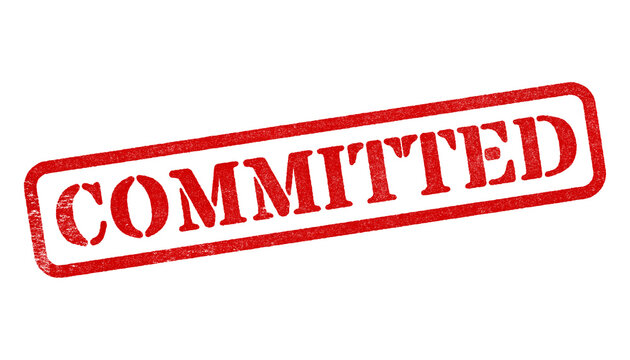 Committed red rubber stamp isolated on transparent background with distressed texture effect