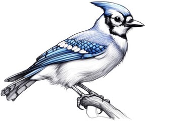 Cute Blue Jay drawing on white background - generative AI