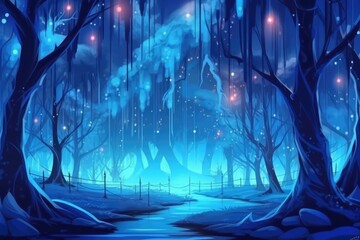 At night, a mystical blue forest glows with magic. (Illustration, Generative AI)