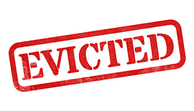 Evicted red rubber stamp isolated on transparent background with distressed texture effect
