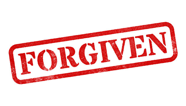 Forgiven red rubber stamp isolated on transparent background with distressed texture effect