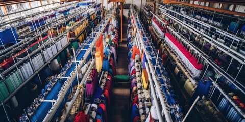 Top view of a textile mill, rows of looms weaving threads into a tapestry of color and pattern , concept of Industrial production, created with Generative AI technology