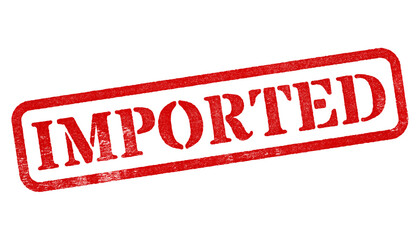 Imported red rubber stamp isolated on transparent background with distressed texture effect