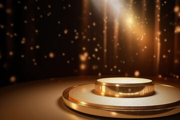 Round podium display for product design. Gold stage with spotlight, black bokeh background