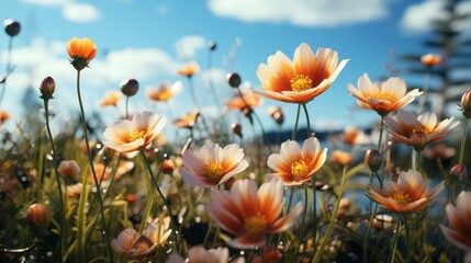 Obraz na płótnie Canvas Blossoming Flower Field Landscape. Vibrant Spring Flower Field.
