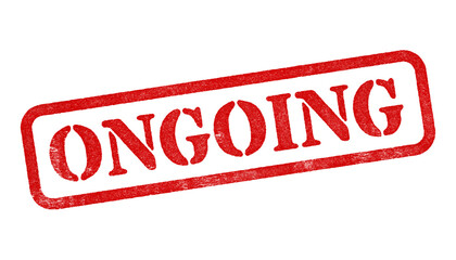 Ongoing red rubber stamp isolated on transparent background with distressed texture effect