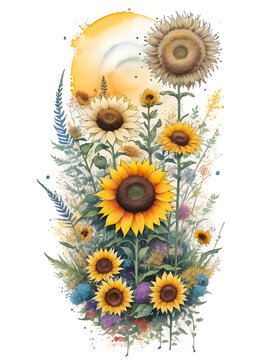 Watercolor of sunflower in wild flowers and mountain on transparent background,generative ai