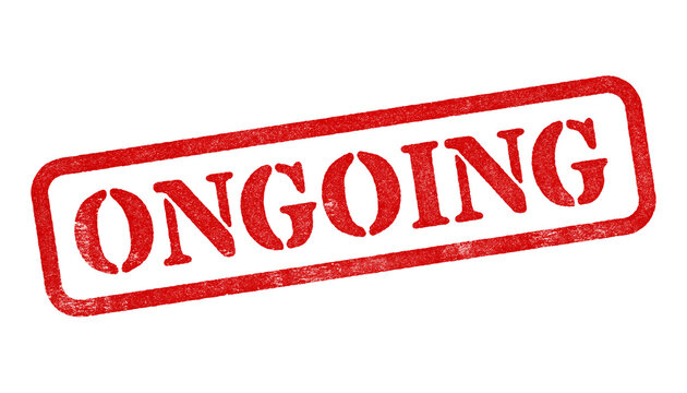 Ongoing red rubber stamp isolated on transparent background with distressed texture effect