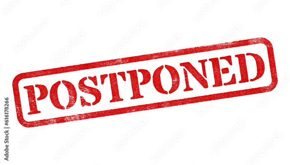 Wall mural postponed red rubber stamp isolated on transparent background with distressed texture effect
