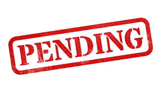 Pending red rubber stamp isolated on transparent background with distressed texture effect