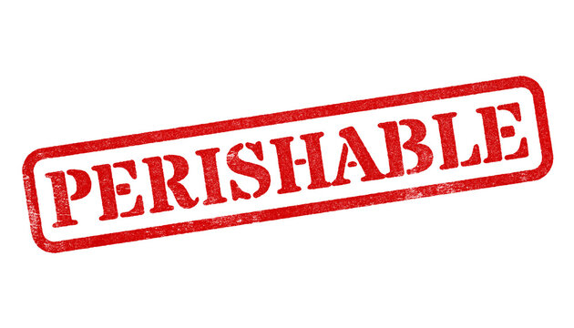 Perishable red rubber stamp isolated on transparent background with distressed texture effect