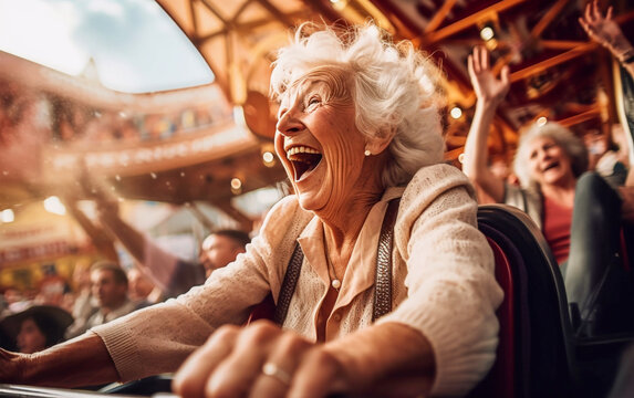 A elderly woman rides a roller coaster, Happy and joyful