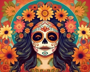 A woman with a Mexican skull painted on her face. (Illustration, Generative AI)