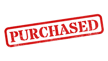 Purchased red rubber stamp isolated on transparent background with distressed texture effect