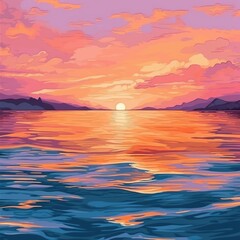 Fototapeta na wymiar Wonderful sunset colors over calm water. (Illustration, Generative AI)