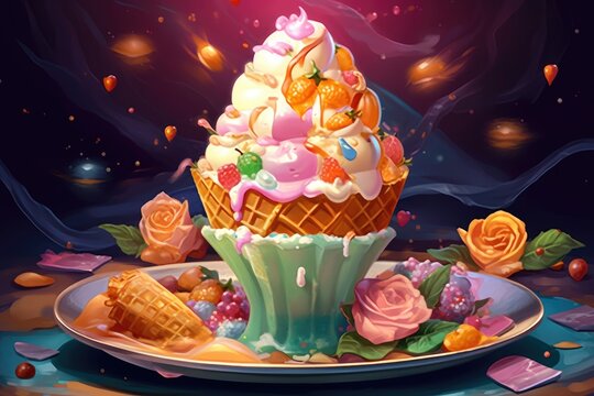 Ice cream cone with candies and caramel sauce. (Illustration, Generative AI)