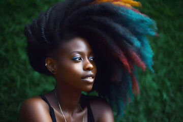 Fototapeta premium Portrait of young black african american beautiful girl woman with long length fluffy flowing hair. Model with perfect Healthy Dyed Hair. Rainbow Hairstyles. Generative AI.