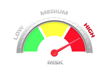 risk level indicator, (LOW, MEDIUM, HIGH,) icon, scale with an arrow from green to red. Tachometer, speedometer sign, infographic element on isolated background