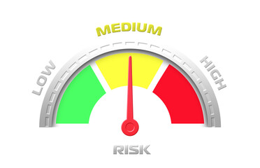 risk level indicator, (LOW, MEDIUM, HIGH,) icon, scale with an arrow from green to red. Tachometer, speedometer sign, infographic element on isolated background
