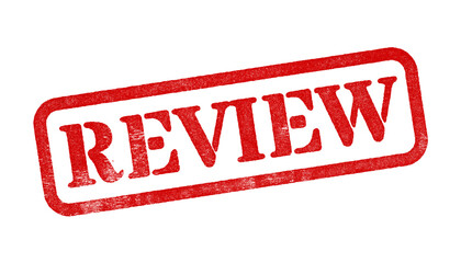 Review red rubber stamp isolated on transparent background with distressed texture effect