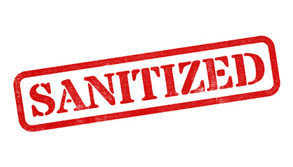 Sanitized green rubber stamp isolated on transparent background with distressed texture effect