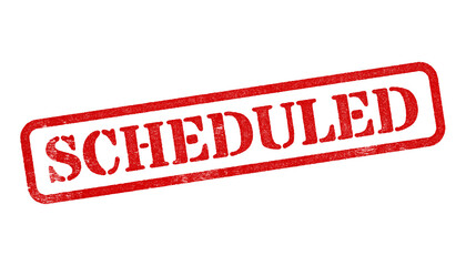 Scheduled red rubber stamp isolated on transparent background with distressed texture effect