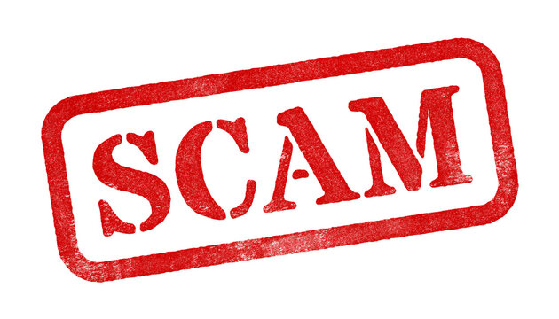 Scam red rubber stamp isolated on transparent background with distressed texture effect