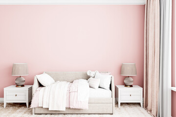 Blank wall mockup in kids room interior and pink background