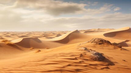 Fototapeta na wymiar A vast landscape of desert, sand dunes and striped sky. Created with Generative AI. 