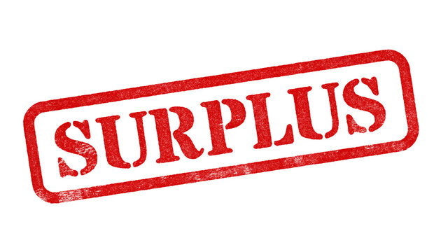 Surplus red rubber stamp isolated on transparent background with distressed texture effect