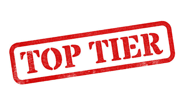 Top Tier red rubber stamp isolated on transparent background with distressed texture effect