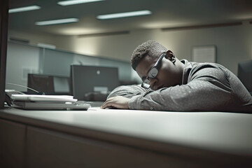 Overnight work, Tired and sleeping Americam black man sitting on his work space. Bored male working during the late evening, night. Generated Ai