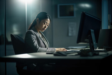 Overnight work, Tired and stressed Asian woman sitting on her work space. Bored female working during the late evening, night. Generated Ai