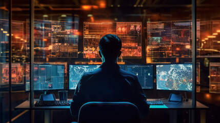A cybersecurity professional working on multiple monitors displaying various AI-assisted cyber defense tools and algorithms