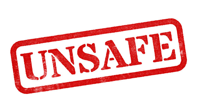 Unsafe red rubber stamp isolated on transparent background with distressed texture effect