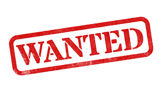 Wanted red rubber stamp isolated on transparent background with distressed texture effect