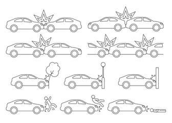 Car crash, accident of transport, line art icon set. Collision with an obstacle tree, lantern, wall, person. Knock down pedestrian. Frontal and back collision. Vector outline
