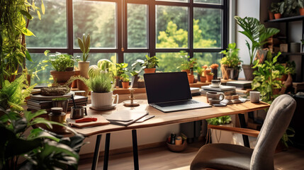 A cozy home office setup with a sleek modern desk, computer, notebook, coffee cup, and indoor plants. Natural light pouring from a window in the background