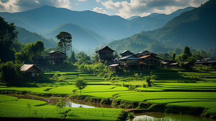 The atmosphere of the lush green rice generative AI