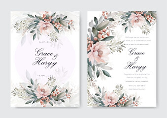Pastel pink flower floral vector watercolor colorful wedding invitation card template set