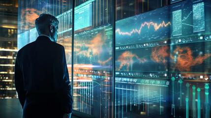 An analyst looking at a large data visualization screen, with AI software assisting in interpreting complex patterns and predicting trends