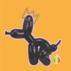 Pooping dog, pop art style illustration in bright neon rainbow colors, with halftone dot background, doodle elements

