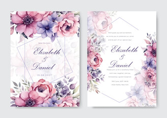 Purple and pink rose flower floral vector elegant hand drawing wedding invitation floral design