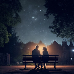 A couple in love is sitting together at night enjoying the view of the night sky. A lively night sky with the presence of the moon and stars.
