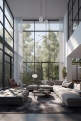 An expansive living space. Geometric shapes, innovative materials, and large windows that allow for an abundance of natural light. Generative AI