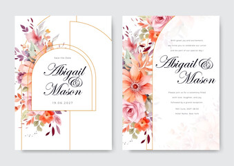 Romantic wedding invitation card template set with beautiful pheony pink floral leaves