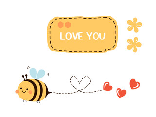 Cute bee cartoon, heart dot line, red hearts, flower and yellow sign isolated on white background vector illustration.